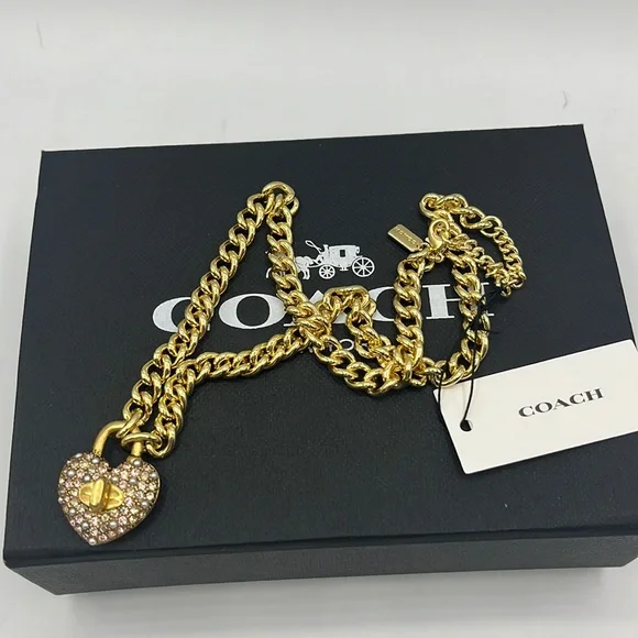 Coach Heart Turnlock Pave’ Chain Link Necklace - Picture 3 of 5